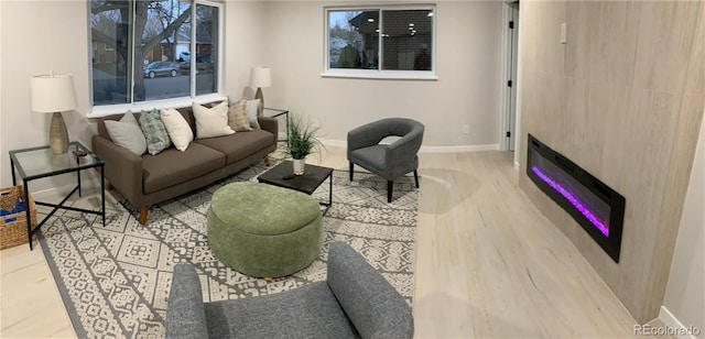 living area featuring baseboards and wood finished floors