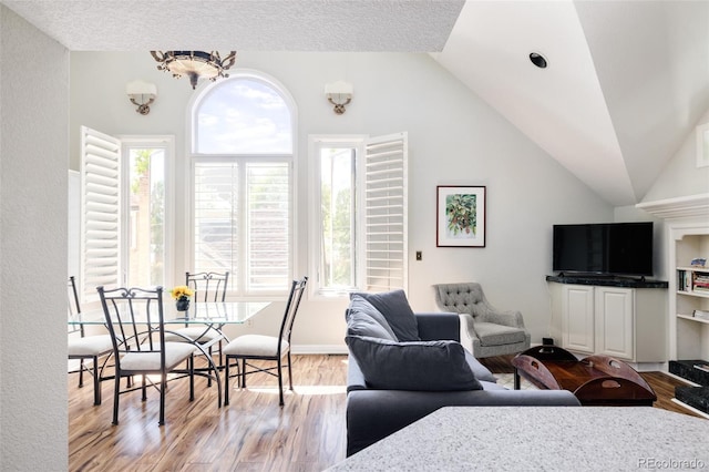 living room with vaulted ceiling, light hardwood / wood-style floors, and a textured ceiling