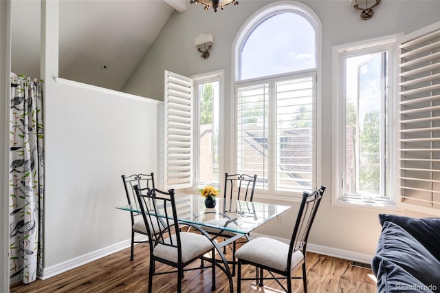 dining area featuring lofted ceiling and hardwood / wood-style flooring