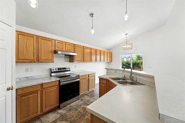 22501 E Belleview Pl, Aurora, CO 80015 - kitchen with stainless steel electric stove, under cabinet range hood, lofted ceiling, and light countertops