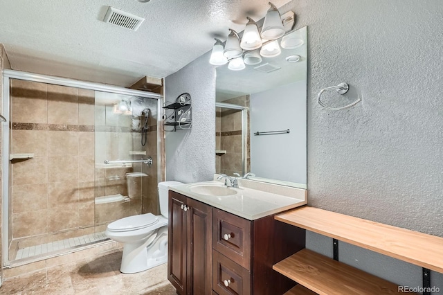 921 Dakin St, Denver, CO 80221 - bathroom with a textured wall, a shower stall, a chandelier, vanity, and a textured ceiling