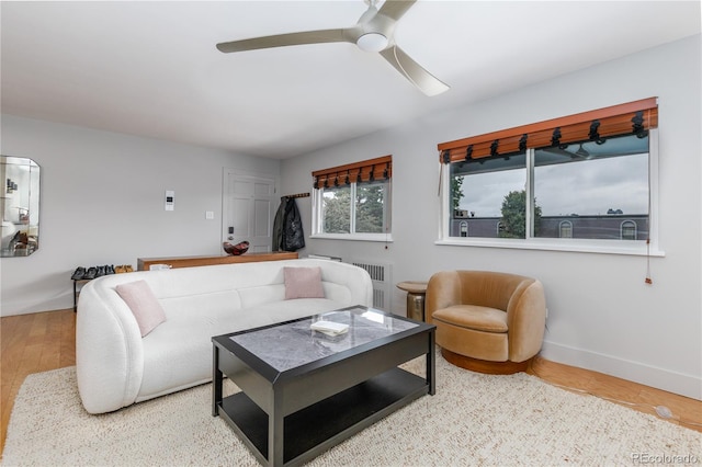 living room featuring ceiling fan, wood-type flooring, and radiator