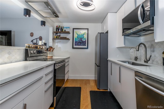 kitchen with appliances with stainless steel finishes, backsplash, sink, light hardwood / wood-style flooring, and white cabinetry