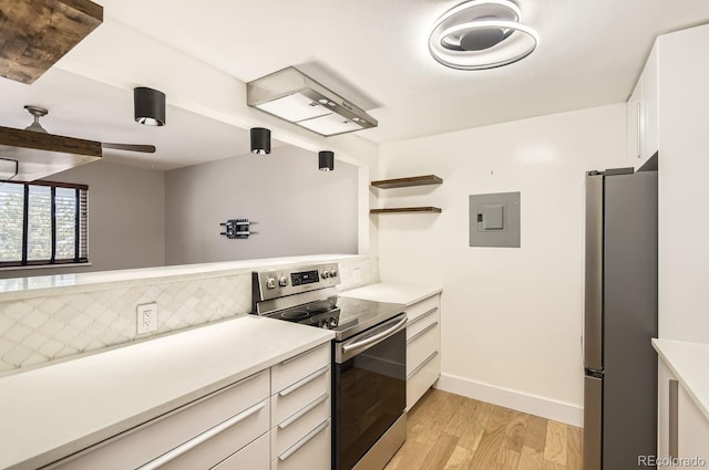 kitchen featuring tasteful backsplash, white cabinets, electric panel, stainless steel appliances, and light wood-type flooring