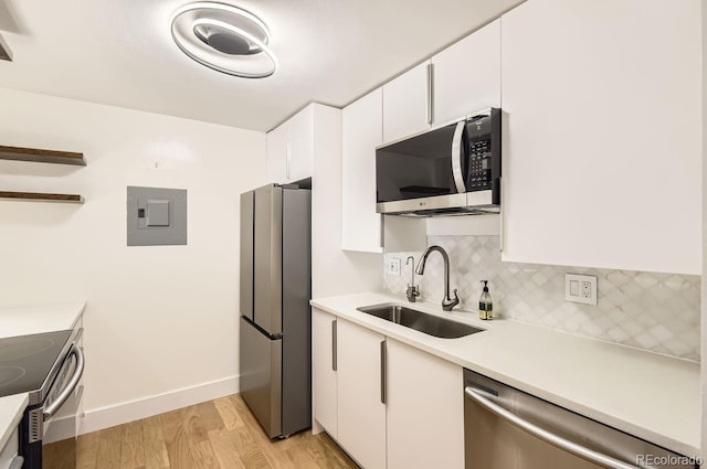 kitchen featuring sink, white cabinetry, electric panel, stainless steel appliances, and decorative backsplash