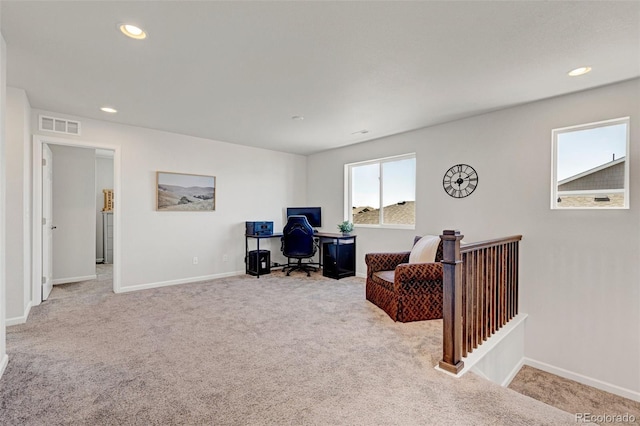 office space with carpet, baseboards, and recessed lighting