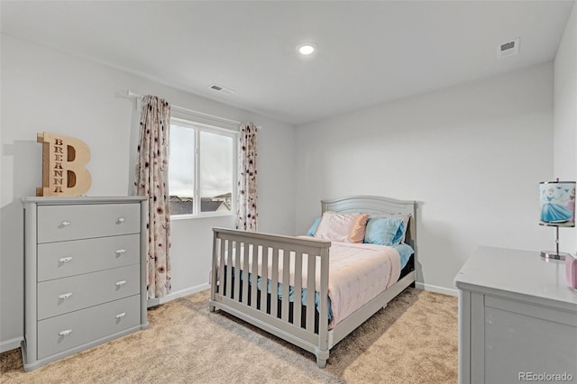 bedroom with light carpet, baseboards, and recessed lighting