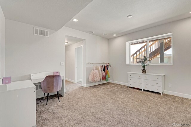 home office with carpet floors, recessed lighting, and baseboards