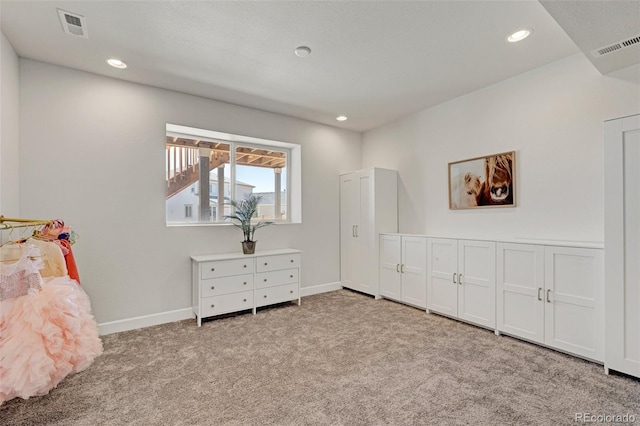 bedroom featuring carpet, recessed lighting, and baseboards