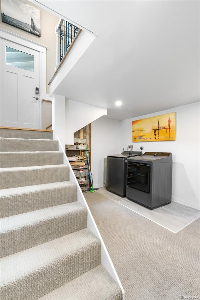 4501 Zenobia St, Denver, CO 80212 - staircase featuring washer and clothes dryer, carpet, bar, and recessed lighting