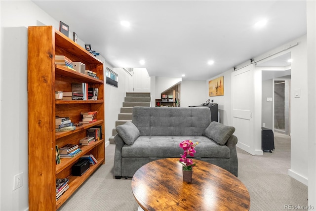 4501 Zenobia St, Denver, CO 80212 - living area with light carpet, stairs, and recessed lighting