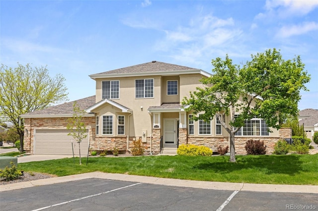 view of front of property featuring stone siding, a front lawn, stucco siding, and a garage