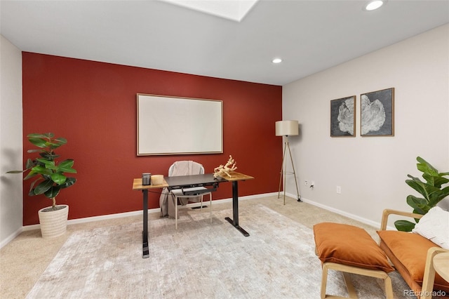 carpeted home office with recessed lighting and baseboards