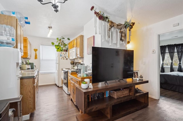 2277 S Buckley Rd Unit 102, Aurora, CO 80013 - kitchen featuring white appliances, dark wood finished floors, a sink, and baseboards