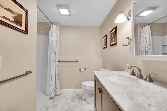 bathroom with visible vents, a shower with curtain, marble finish floor, and vanity