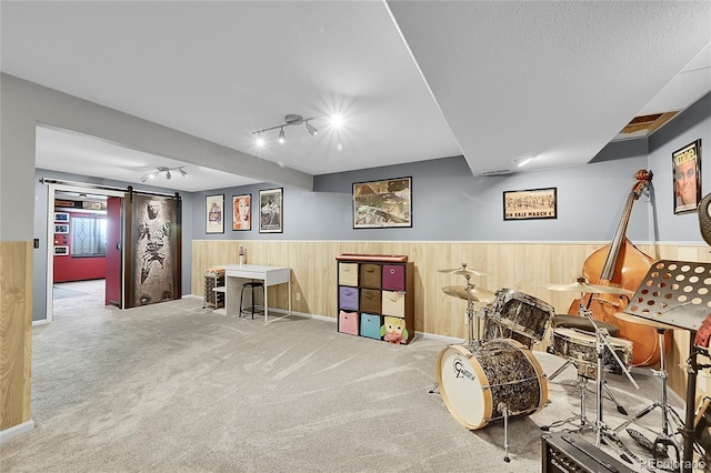 rec room with rail lighting, wood walls, wainscoting, a barn door, and carpet flooring