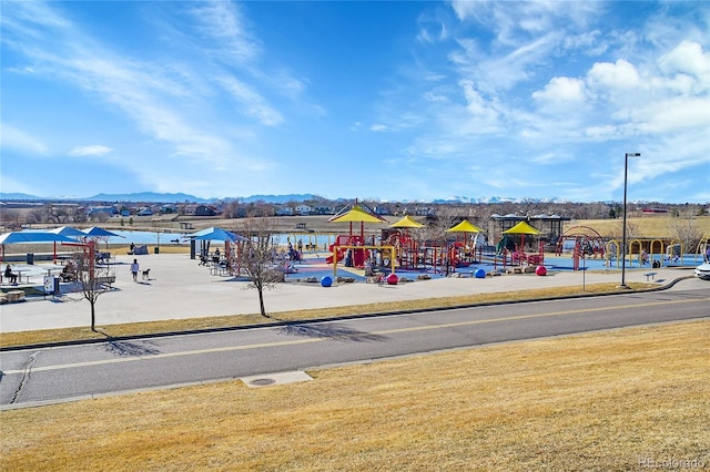 communal playground with a mountain view