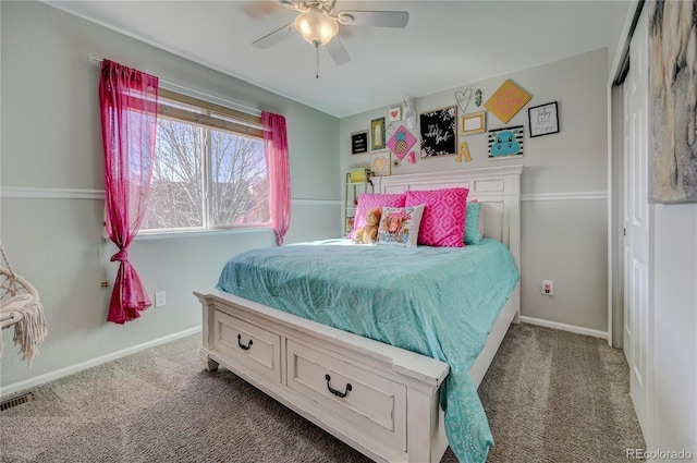 bedroom featuring carpet flooring, baseboards, a ceiling fan, and visible vents
