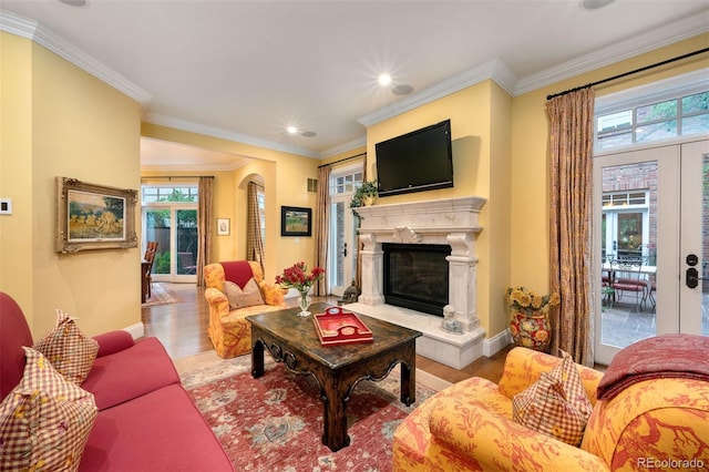 living area featuring light wood finished floors, a premium fireplace, ornamental molding, and french doors