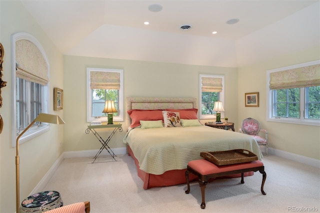 bedroom featuring baseboards, recessed lighting, visible vents, and light colored carpet