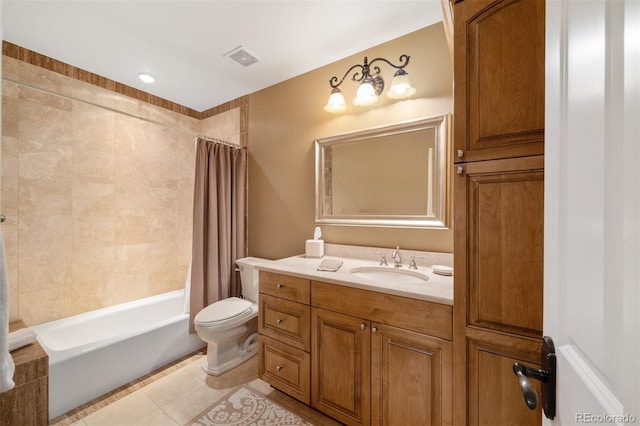 bathroom with toilet, shower / tub combo, vanity, visible vents, and tile patterned floors