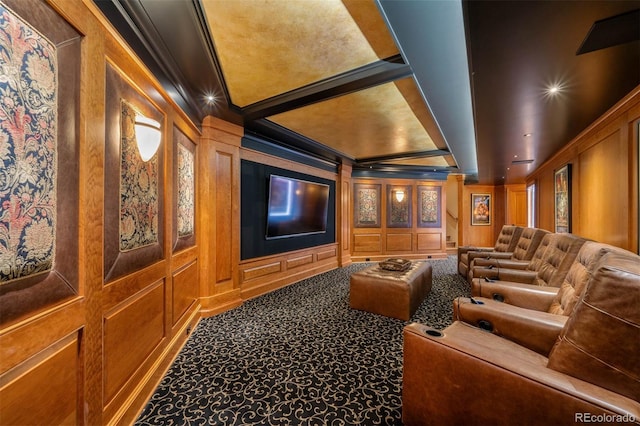 home theater room with recessed lighting, a decorative wall, carpet floors, coffered ceiling, and ornamental molding