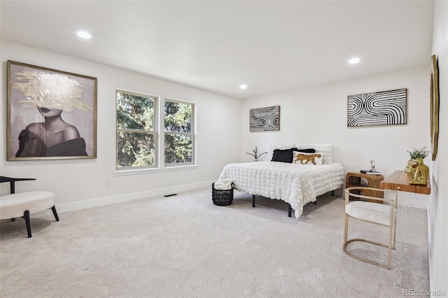 bedroom featuring recessed lighting, baseboards, visible vents, and carpet floors