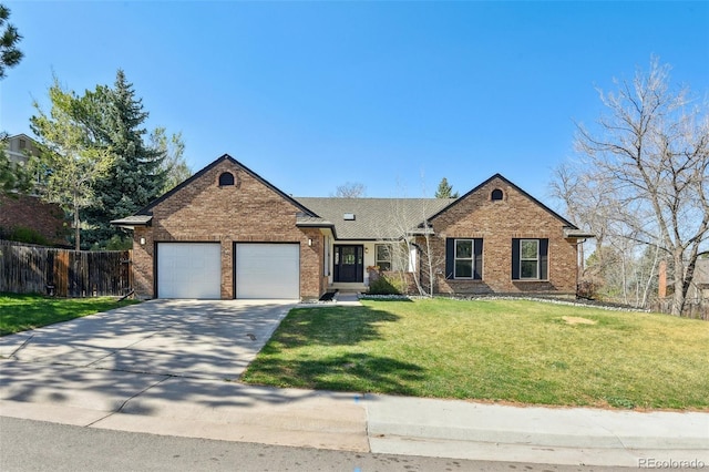 ranch-style house featuring a garage, a front yard, fence, brick siding, and concrete driveway