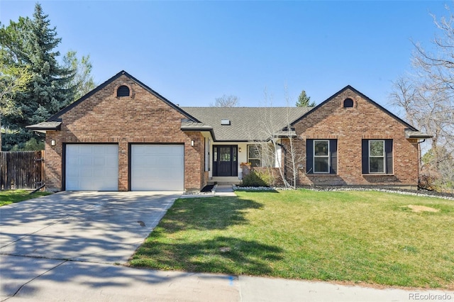 ranch-style home featuring an attached garage, driveway, a front lawn, and brick siding