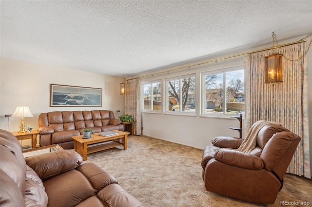 carpeted living room with a textured ceiling