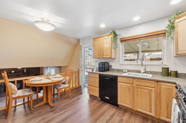 kitchen with light brown cabinetry, sink, stainless steel range with electric stovetop, wood-type flooring, and black dishwasher