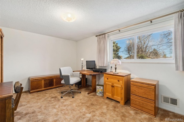 carpeted home office featuring a textured ceiling