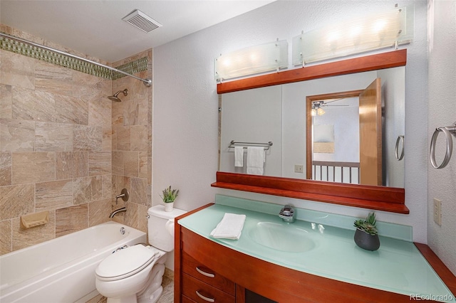 8753 W Cornell Ave Unit 12-1, Denver, CO 80227 - bathroom featuring  shower combination, vanity, ceiling fan, and a textured wall