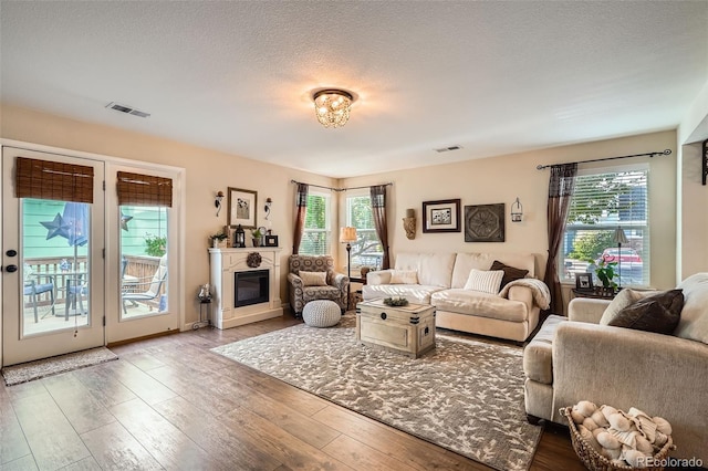 5843 Ceylon St, Denver, CO 80249 - living area featuring wood finished floors, plenty of natural light, and a glass covered fireplace