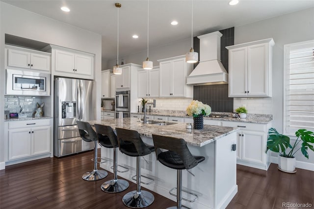 kitchen featuring a sink, decorative backsplash, stainless steel appliances, premium range hood, and dark wood-style floors