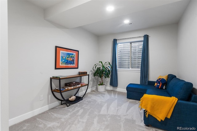 sitting room with visible vents, baseboards, recessed lighting, and carpet flooring