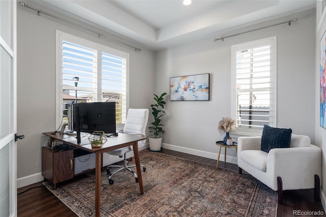 9724 Cantabria Pt, Lone Tree, CO 80124 - office with wood finished floors and a tray ceiling