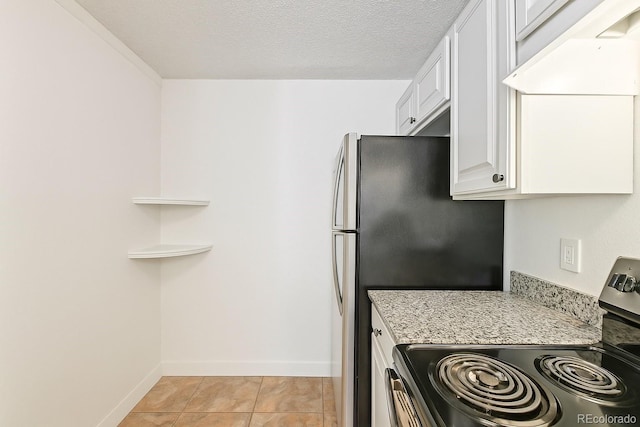 2880 S Locust St Unit 109S, Denver, CO 80222 - kitchen featuring stainless steel electric range oven, white cabinetry, baseboards, light stone countertops, and a textured ceiling