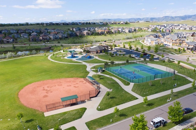 bird's eye view featuring a residential view and a mountain view