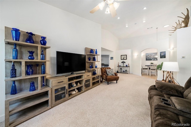 living room featuring ceiling fan, recessed lighting, carpet floors, visible vents, and vaulted ceiling