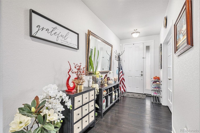 foyer with dark wood-type flooring and a textured wall