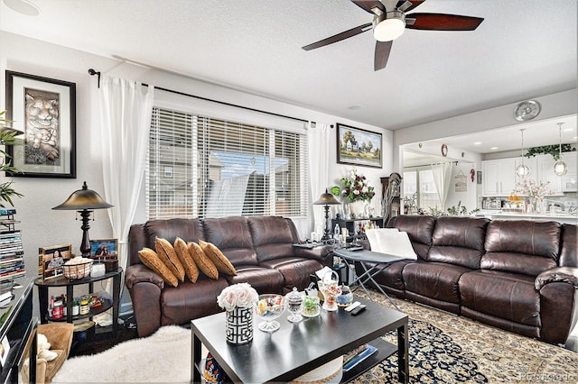 living area with a ceiling fan and a textured ceiling