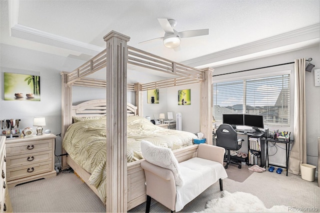 bedroom featuring light carpet, a textured ceiling, crown molding, decorative columns, and ceiling fan