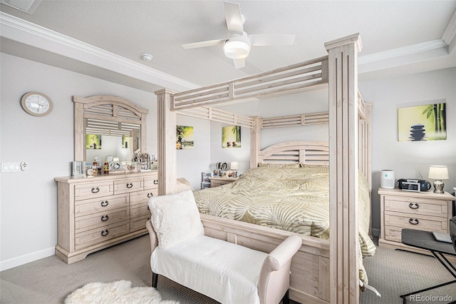 bedroom featuring light colored carpet, a ceiling fan, crown molding, and baseboards