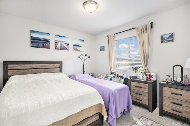 bedroom featuring light carpet