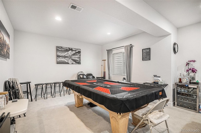 game room featuring billiards, recessed lighting, carpet, and visible vents