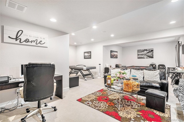 carpeted office featuring visible vents, recessed lighting, and baseboards