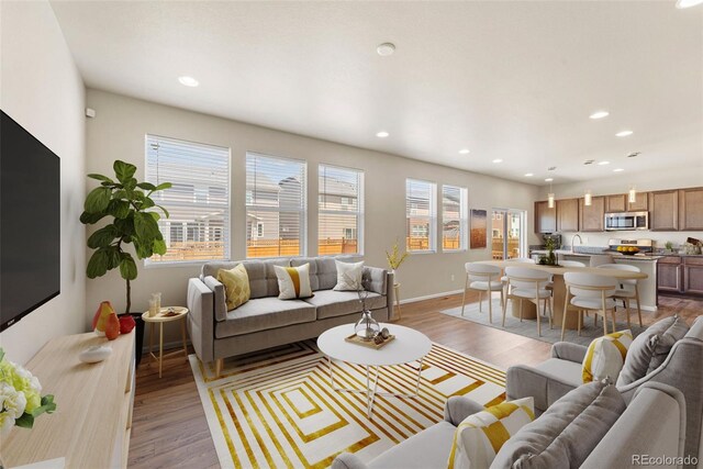 19131 E 65th Ave, Denver, CO 80249 - living area with light wood-type flooring, recessed lighting, and baseboards