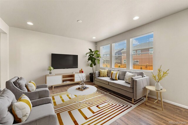 19131 E 65th Ave, Denver, CO 80249 - living area featuring wood finished floors, recessed lighting, and baseboards
