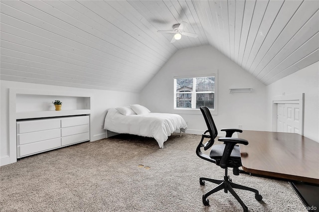 bedroom with carpet floors, wood ceiling, vaulted ceiling, ceiling fan, and baseboards